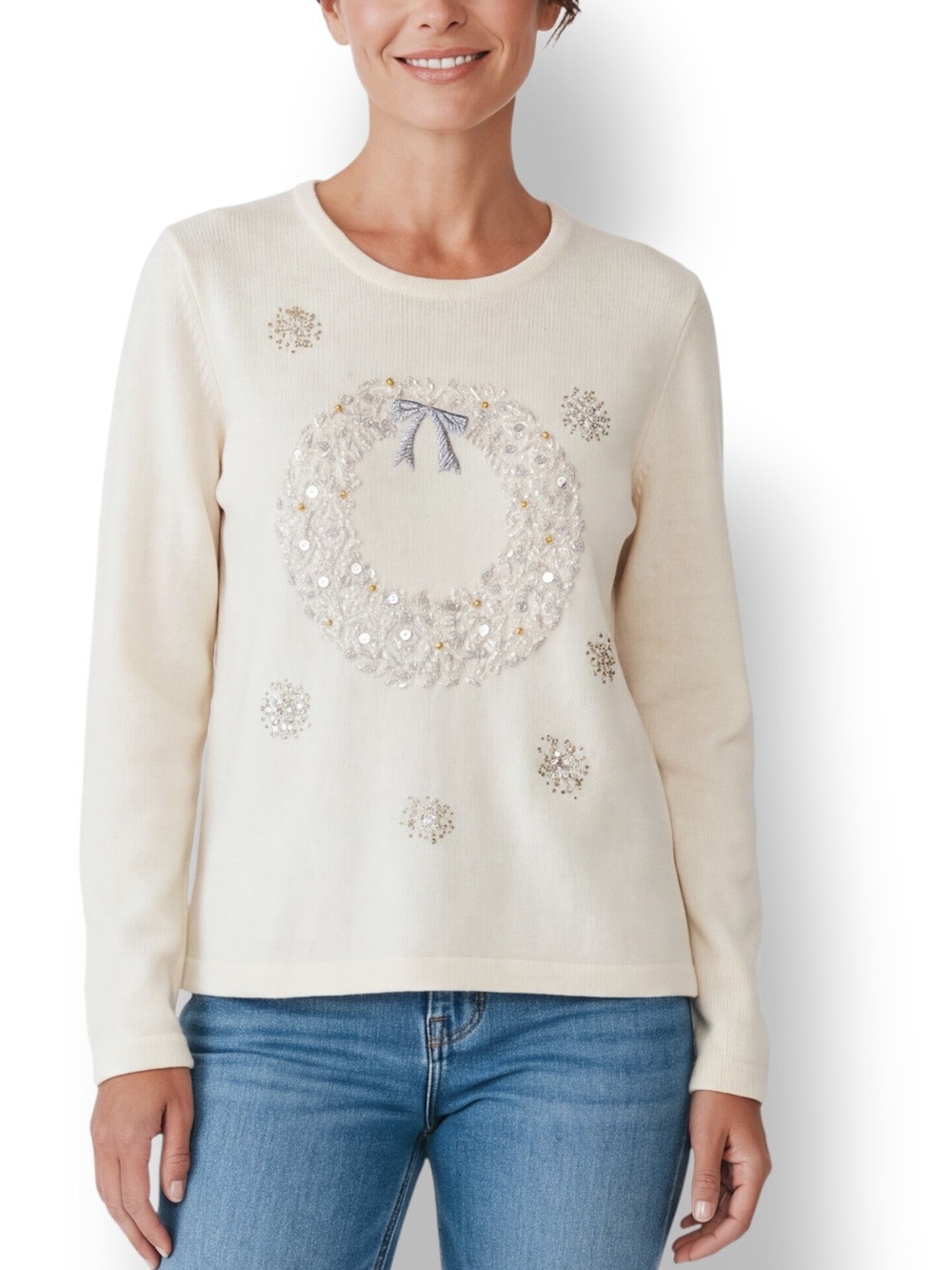 4/$20 Orvis Ivory Lambswool Angora Embellished Wreath Holiday Sweater Small
